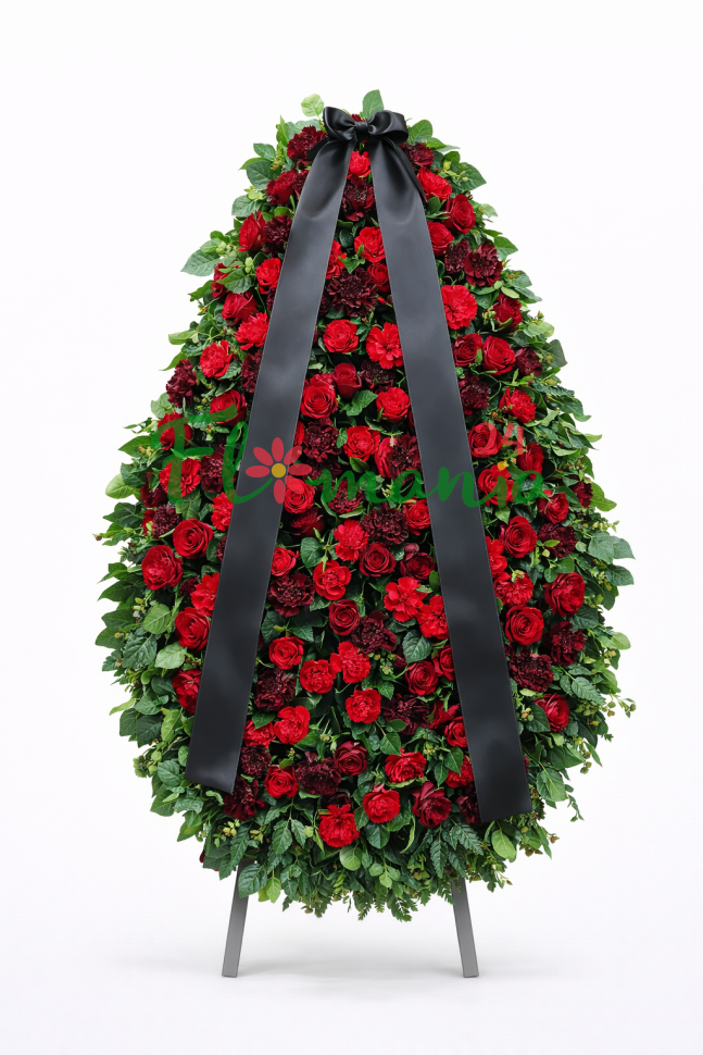 Похоронный венок из живых роз и гвоздик с траурной лентой